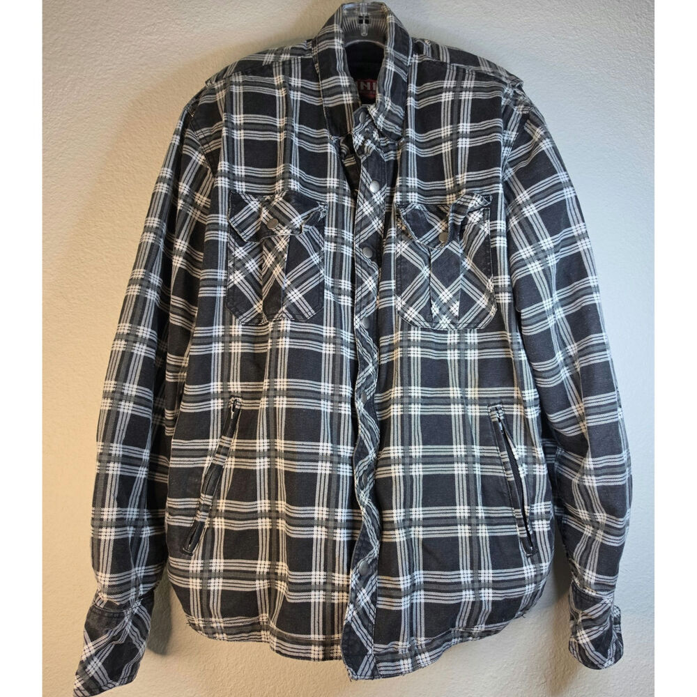UNIK Men's Black & White Kevlar Armored Flannel Motorcycle Riding Shacket Carry